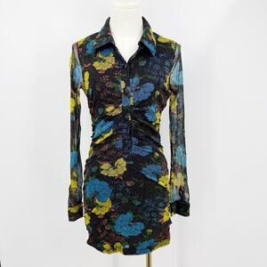 Urban Outfitters Floral Ruched Mini Dress Sparkle Mesh Long Sleeve Y2K S Grunge